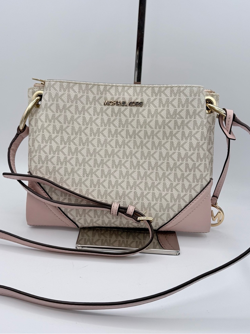 Michael Kors Nicole Large Logo Crossbody Bag Vanilla MK Signature Blush Pink